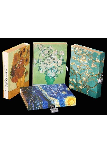 Van Gogh Altın A5 Moda Vintage Kilitli Günlük Şifre Not Defteri Kutulu Defter ve Dergi Ayçiçeği Kilit Düğmesi Ciltli Not Defteri Van Gogh (Yurt Dışından) fiyatları