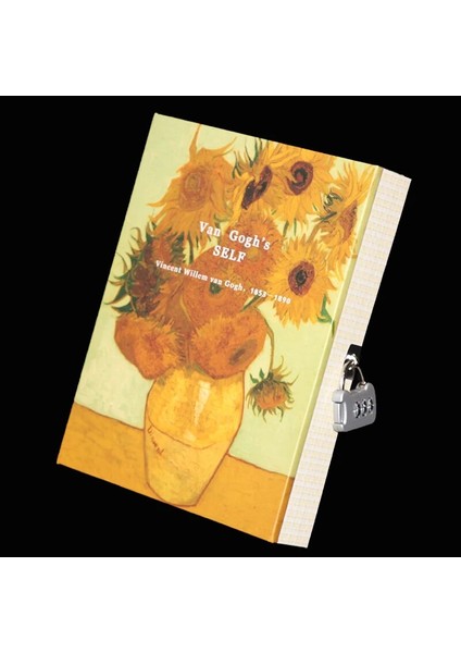Van Gogh Altın A5 Moda Vintage Kilitli Günlük Şifre Not Defteri Kutulu Defter ve Dergi Ayçiçeği Kilit Düğmesi Ciltli Not Defteri Van Gogh (Yurt Dışından) indirimleri