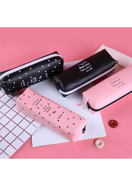 E Sevimli Pembe Kalem Kutusu Kızlar Için Kawaii Siyah Beyaz Nokta Pu Deri Kalem Çantası Kırtasiye Kılıfı Ofis Okul Malzemeleri Zakka Escolar (Yurt Dışından) fırsatları