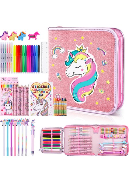 Denizkızı Seti Sevimli Unicorn Boyama Kalem Kutusu Seti Kızlar Için Büyük Kapasiteli Kalem Kutusu Taşınabilir Çocuk Kalem Çantası Okul Çantası Okul Malzemeleri Hediye (Yurt Dışından)
