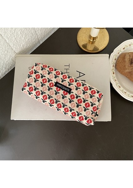 OSS25624RD Kore Moda Dama Tahtası Çiçekler Örme Kalem Kutuları Büyük Kapasiteli Kafes Makyaj Çantası Kozmetik Organizatör Kılıfı Kırtasiye (Yurt Dışından)