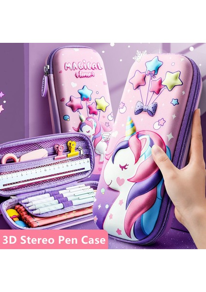 D2 3D Unicorn Sevimli Kalem Kutusu Okul Öğrencisi Kırtasiye Kutusu Çocuk Kalem Saklama Kutusu Üç Katmanlı Büyük Kapasiteli Kalem Kutusu Hediye (Yurt Dışından)