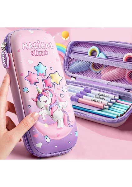 D2 3D Unicorn Sevimli Kalem Kutusu Okul Öğrencisi Kırtasiye Kutusu Çocuk Kalem Saklama Kutusu Üç Katmanlı Büyük Kapasiteli Kalem Kutusu Hediye (Yurt Dışından)