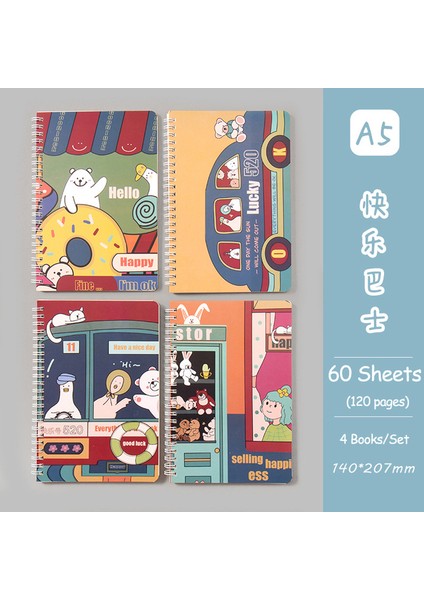 Mutlu Bus-4 Adet 4 Kitap/set A5 Bobin Astarlı Defter Yüksek Kaliteli Kawaii Kore Kırtasiye Öğrenciler Için Sevimli Okul Malzemeleri (Yurt Dışından)