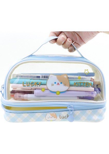 Mavi Kedi Kalem Kutusu Kawaii Büyük Kapasiteli Kalem Çantası Karikatür Kolu Şeffaf Kalem Kutusu Kızlar Için Çift Katmanlı Okul Kaynağı Sabit (Yurt Dışından)