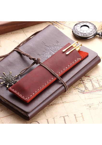 Şarap El Yapımı Hakiki Deri Kalem Çantası, Rustik Tutucu Kılıf, Deri Defter Için Vintage Retro Tarzı Aksesuarları (Yurt Dışından)