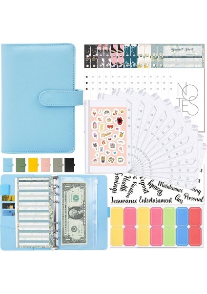 Mavi Set A6 A6 Bağlayıcı Bütçe Planlayıcısı Defter Kapakları Klasör A6 Boyutu 6 Delik Bağlayıcı Cepler Plastik Bağlayıcı Fermuar Para Tasarruf Zarfı (Yurt Dışından)