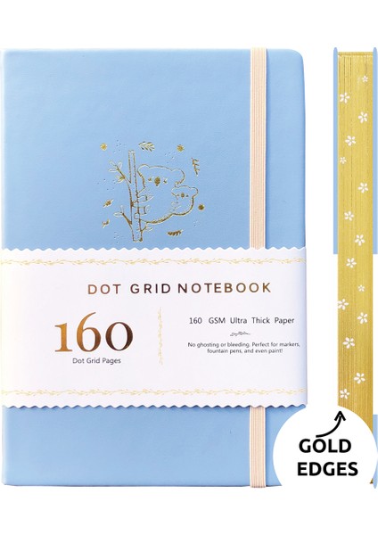 Aqua Mavi 160GSM Bambu Kağıt Koala Aqua Mavi Pu Deri Kapak Mermi Noktalı Defter A5 Ciltli Dergi 160GSM Bambu Kağıt Altın Kenarları (Yurt Dışından)