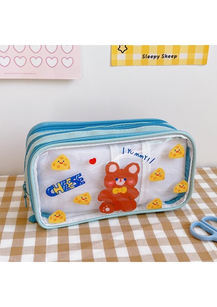 Mavi Ayı 3 Katmanlı Büyük Kapasiteli Kalem Kutusu Kawaii Şeffaf Kalem Çantası Karikatür Pvc Su Geçirmez Kutu Kızlar Için Okul Malzemeleri Kırtasiye (Yurt Dışından)