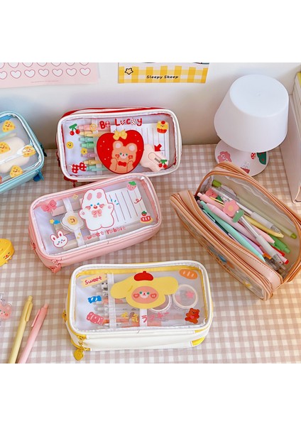 Pembe 3 Katmanlı Sevimli Ayı Şeffaf Kalem Kutuları Büyük Kapasiteli Kalem Çantası Okul Deri Kırtasiye Organzier Çocuk Okul Çantası (Yurt Dışından) modelleri