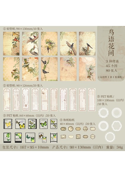 B-Kuşlar ve Çiçekler 80 Adet Malzeme Kağıt Çiçek Günlüğü Destek El Yazısı Yazma Karalama Defteri Okul Ingilizce Tedarikçisi Scrapbooking Defterleri 167*95MM (Yurt Dışından)