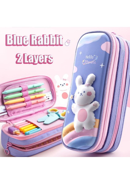 Mavi Tavşan-2 Katmanlı 3D Büyük Kapasiteli Unicorn Kalem Kutusu Kawaii Sevimli Kalem Kutusu Çanta Kılıfı Okula Dönüş Malzemeleri Organizatör Kore Japon Kırtasiye (Yurt Dışından)
