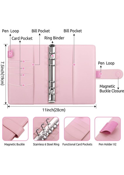 Pembe ve Çıkartma A6 2023 Pu Bütçe Bağlayıcı Planlayıcısı Etiket Cepler Macaron Nakit Zarflar Sistem Seti Defter Para Bütçe Tasarrufu Fatura Organizatör (Yurt Dışından)