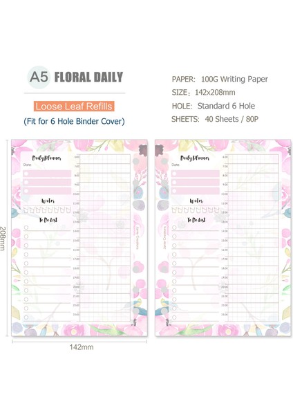 1D1P - 40 Sayfa A5-142X208MM Mypretties 40 Sayfa Çiçek Dolum Kağıtları Boş Çizgili Günlük Haftalık Planlayıcı A5 6 Delikli Bağlayıcı Organizatör Defter Kağıtları (Yurt Dışından) fırsatları