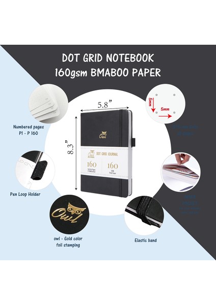 Gri Nokta Izgaralı Sayfalar Buke Noktalı Günlük Nokta Izgaralı Defter Sketcbook - Pu Deri, 160GSM Kalın Kağıt, Iç Cep, Elastik Kapatma, Kalem Tutucu (Yurt Dışından)