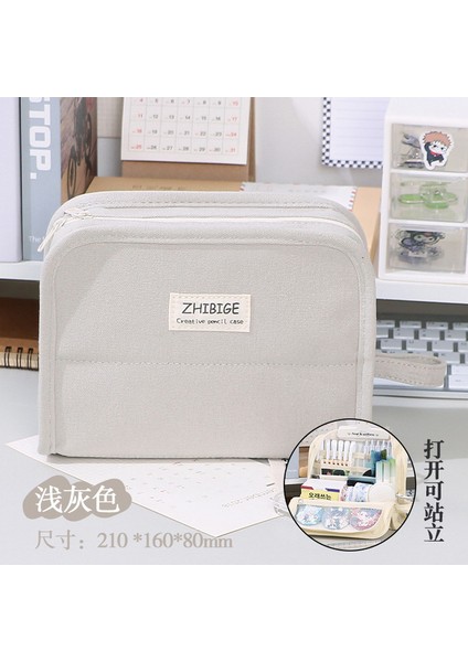 Açık Gri Büyük Kapasiteli Kalem Kutusu Kalem Saklama Çantası Kalem Çantası Çok Katmanlı Kozmetik Seyahat Saklama Çantası Basit Büyük Kalem Kutuları Erkek Kız (Yurt Dışından)