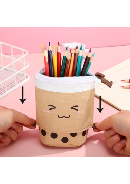Sarı Sevimli Süt Çay Kalem Kalem Teleskopik Tutucu Kırtasiye Çantası Stand-Up Trafo Çantası Kawaii Gülümseme Yüz Siyah Nokta Organizatör (Yurt Dışından) indirimleri