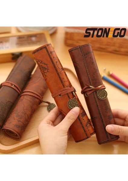 Kahverengi Stonego Retro Hazine Haritası Deri Kalem Çantası Popüler Rulo Kutu Çanta Vintage Stil Rulo Kalem Kutusu Kalem Çantası Pu Çanta Kalem Kutusu (Yurt Dışından) modelleri