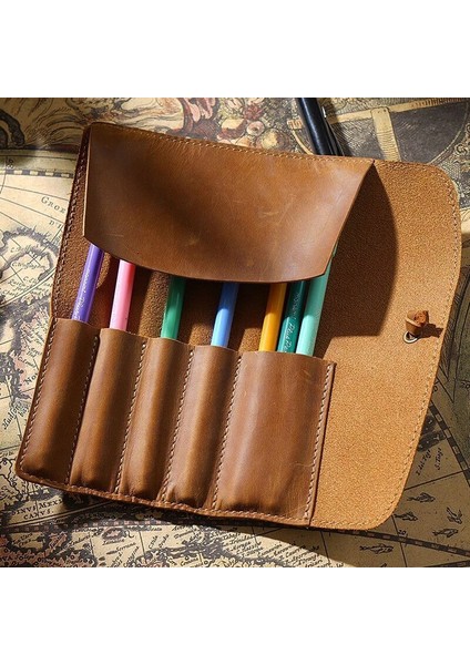 Kahve 100% Hakiki Deri Rulo Kalem Çanta Organizatör Sarma Çanta Vintage Retro Yaratıcı Kırtasiye Ürün Ofis Okul Malzemeleri Hediye Yeni (Yurt Dışından)
