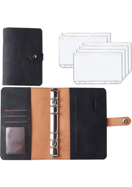 Pu Siyah A6 A6 Planlayıcı Organizatör 6 Telli Pu Deri Defter Bağlayıcı Bütçe Kapağı 6 Bağlayıcı Cepler ve 12 Adet Gider Bütçesi Sayfaları (Yurt Dışından)