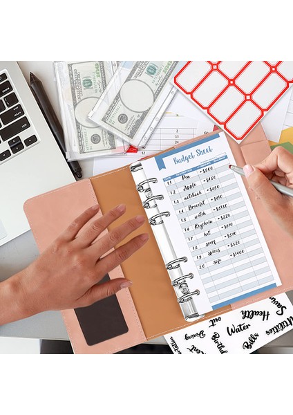 Pu Siyah A6 A6 Planlayıcı Organizatör 6 Telli Pu Deri Defter Bağlayıcı Bütçe Kapağı 6 Bağlayıcı Cepler ve 12 Adet Gider Bütçesi Sayfaları (Yurt Dışından)