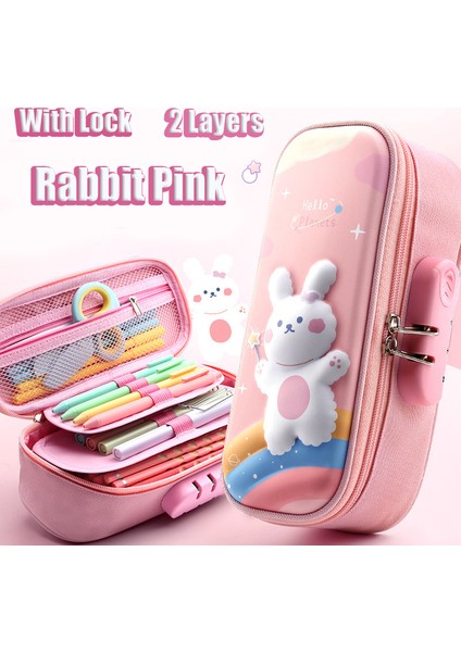 Tavşan Pembe-Loc ile 3D Kawaii Kalem Kutusu Kilitli Unicorn Organizatör Kız Erkek Için Sevimli Kalem Kılıfı Kutusu Çanta Okul Ofis Malzemeleri Öğrenciler Kırtasiye (Yurt Dışından)
