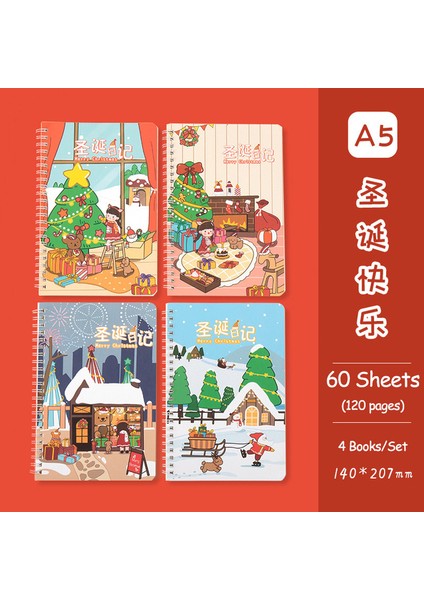 Mutlu Noeller-4 Adet 4 Kitap/set A5 Bobin Astarlı Defter Yüksek Kaliteli Kawaii Kore Kırtasiye Öğrenciler Için Sevimli Okul Malzemeleri (Yurt Dışından)