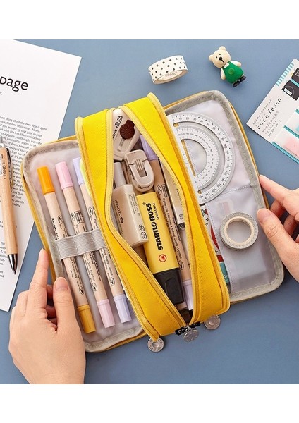 Sarı Öğrenci Kalem Kutusu Basit Ekose Kalem Kutusu Çok Katmanlı Büyük Kapasiteli Kozmetik Seyahat Saklama Çantası Sabit Kalem Saklama Çantası (Yurt Dışından) fırsatları