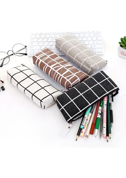 Kahverengi Kore Kırtasiye Kanvas Kalem Kutusu Bts Okul Kalem Çantası Basit Çizgili Izgara Kalem Kutusu Ofis Malzemeleri Kalem Çantası Öğrencilere Hediye (Yurt Dışından) indirimleri