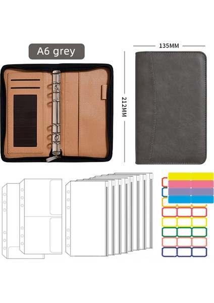 Gri Bir Set A6/a5 Iş Pu Deri Klasör Padfolio Bütçe Bağlayıcı Nakit Zarf Organizatör Temizle Fermuarlı Bütçe Sayfaları Hesap Makinesi ile (Yurt Dışından)
