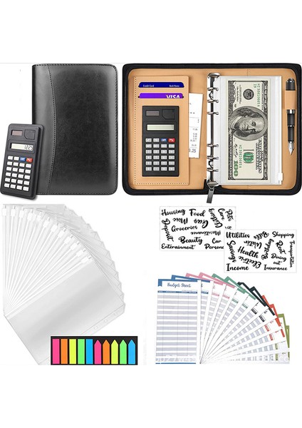 Gri Bir Set A6/a5 Iş Pu Deri Klasör Padfolio Bütçe Bağlayıcı Nakit Zarf Organizatör Temizle Fermuarlı Bütçe Sayfaları Hesap Makinesi ile (Yurt Dışından)