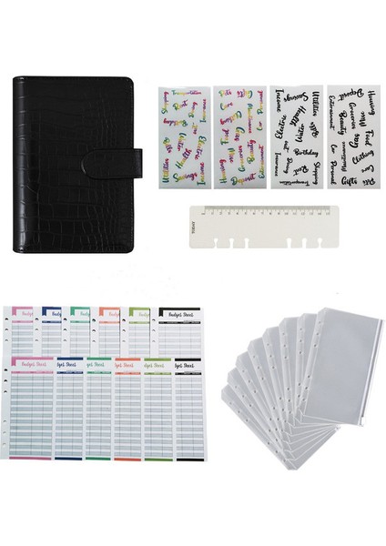 Siyah A6 A6 Timsah Pu Deri Defter Bağlayıcı Bütçe Planlayıcısı Organizatör 6 Halka Bağlayıcı Kapak Cepler ve 12 Parça Gider Bütçe Sayfaları (Yurt Dışından)