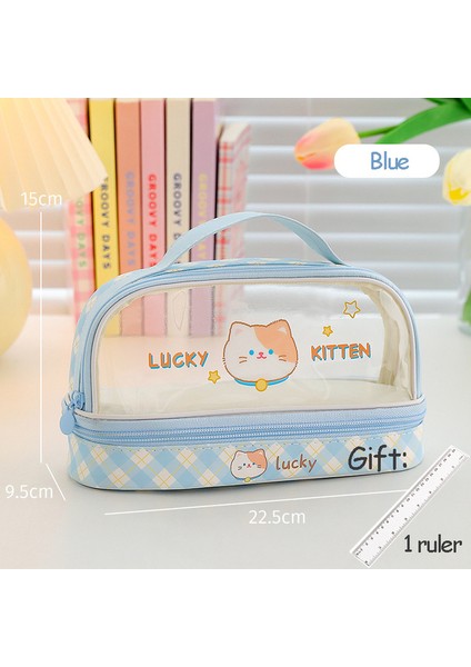 Mavi Kedi Şeffaf Kalem Kutusu Büyük Kapasiteli Su Geçirmez Kawaii Kalem Çantası Öğrenciler Için Sevimli Kore Kırtasiye Okul Malzemeleri (Yurt Dışından)