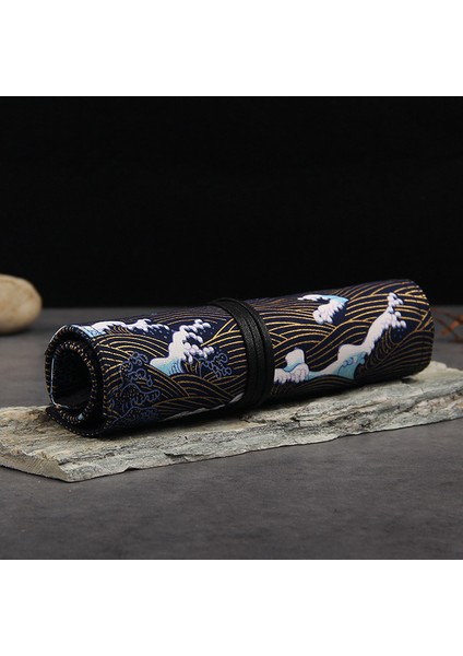 10 Delik Siyah Dalga Oryantal Janpan Çin Tarzı Kalem Sarma Kese Pamuk Roll Up Kalem Organizatör Seyahat Kalem Kılıfı Sanatçılar Için Öğrenci (Yurt Dışından)