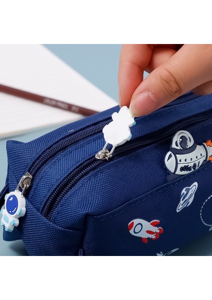 Siyah Örgü Çanta Kawaii Astronot Kalem Kutusu Sevimli Karikatür Büyük Kapasiteli Çift Katmanlı Kalem Çantası Öğrenci Okul Ofis Kırtasiye Saklama Çantası (Yurt Dışından) fırsatları