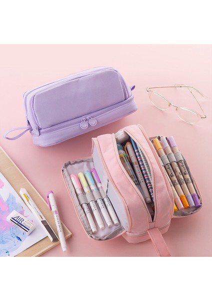 OSS25894NV Basit Düz Renk Büyük Kapasiteli Kalem Kutusu Çok Katmanlı Kalem Kutusu Kanvas Çok Cep Çantası Öğrenciler Okul Kırtasiye Malzemeleri (Yurt Dışından) fiyatları