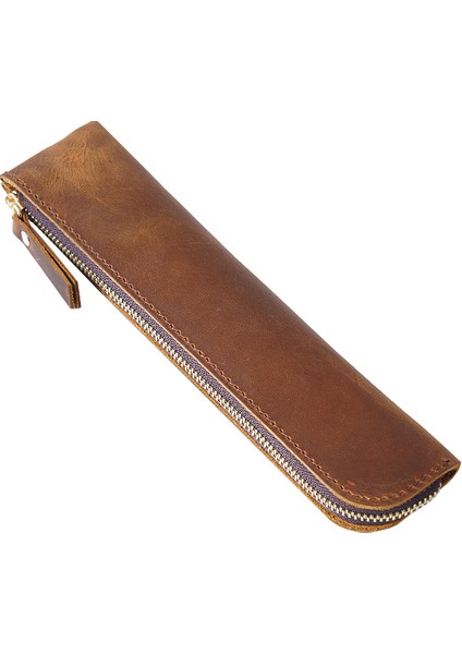 Kahverengi Hakiki Inek Derisi Fermuarlı Kalem Kutusu Retro Deri Kalem Çantası Saklama Çantası Kalemler Için Kırtasiye Okul Ofis Malzemeleri 20*4.5cm (Yurt Dışından)
