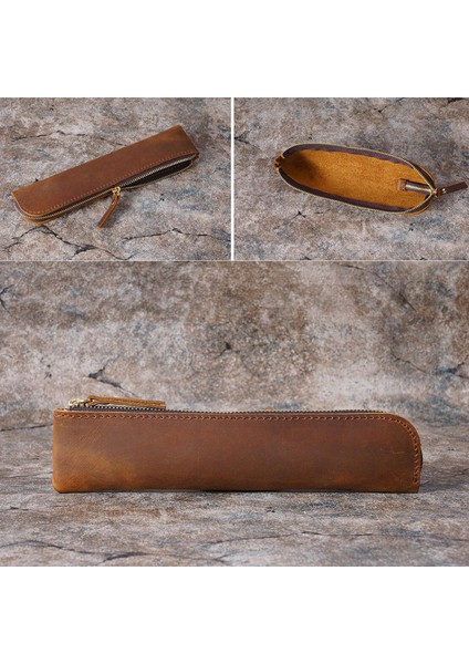 Kahverengi Hakiki Inek Derisi Fermuarlı Kalem Kutusu Retro Deri Kalem Çantası Saklama Çantası Kalemler Için Kırtasiye Okul Ofis Malzemeleri 20*4.5cm (Yurt Dışından) modelleri