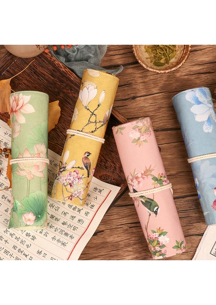E Vintage Çin Tarzı Kalem Kutusu Kalem Çantası Kalem Sarma Lotus Çiçek Kuşlar Depolama Rulo Kılıfı Kırtasiye Okul Malzemeleri Için (Yurt Dışından) fiyatları