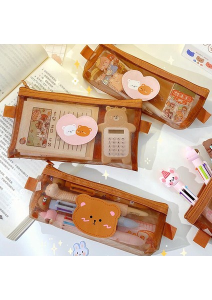 Sevimli Ayı Kalem Kutusu Şeffaf Örgü Kalem Çantası Kawaii Depolama Kılıfı Kore Kırtasiye Organizatör Ofis Okul Malzemeleri (Yurt Dışından) modelleri