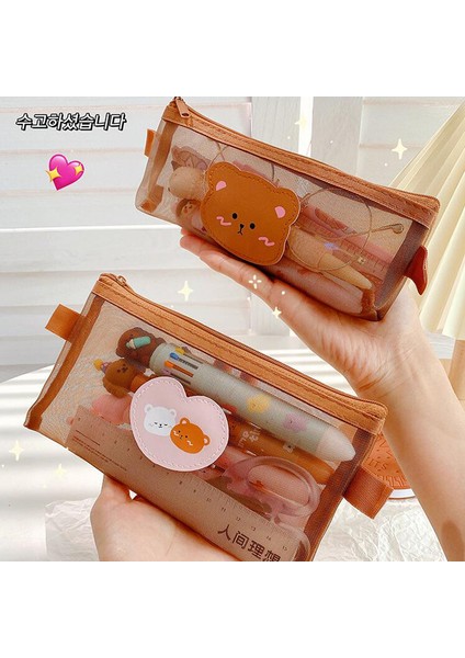 Sevimli Ayı Kalem Kutusu Şeffaf Örgü Kalem Çantası Kawaii Depolama Kılıfı Kore Kırtasiye Organizatör Ofis Okul Malzemeleri (Yurt Dışından) fırsatları