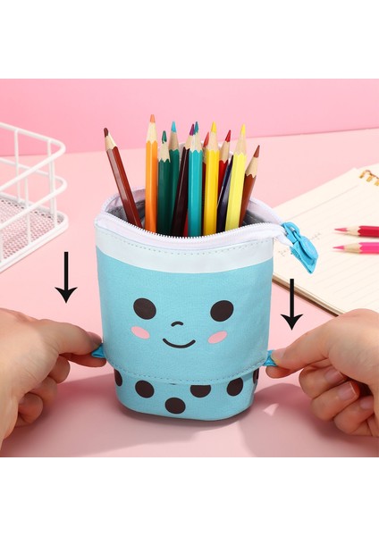 Y-Style7 Boba Milktea Kalem Kalem Teleskopik Tutucu Kırtasiye Çantası, Kawaii Gülümseme Yüz Siyah Nokta Organizatör ile Stand-Up Trafo Çantası (Yurt Dışından) indirimleri