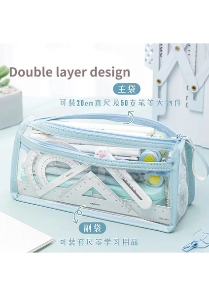 Gökyüzü Mavi Sevimli Çift Katmanlı Büyük Kapasiteli Su Geçirmez Şeffaf Kalem Kutusu Çanta Okul Kız Için Kawaii Pembe Taşınabilir Kalem Kutusu Kırtasiye (Yurt Dışından) fırsatları