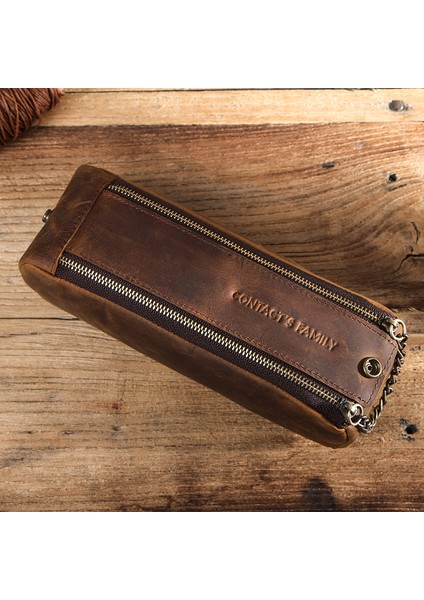 Kahve Contact's Aile Deri Fermuarlı Kalem Kalem Kutusu Çantası El Yapımı Vintage Yaratıcı Okul Sabit Kalem Kılıfı Tutucu Büyük Kapasiteli (Yurt Dışından) modelleri