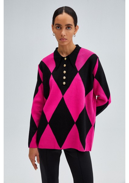 Baklava Desenli Polo Yaka Triko Tunik