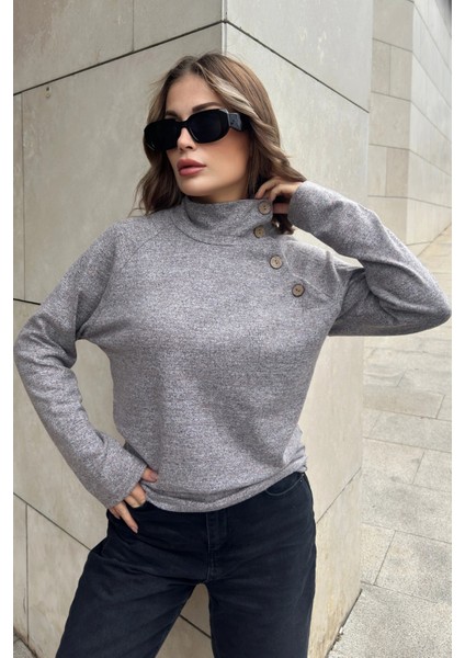 Kadın Gri & Pudra Tonlu Kendinden Desenli, Yumoş Kumaş, Uzun Kol, Düğme Detaylı, Boğazlı Bluz