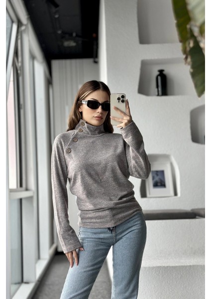 Kadın Gri & Pudra Tonlu Kendinden Desenli, Yumoş Kumaş, Uzun Kol, Düğme Detaylı, Boğazlı Bluz fırsatları