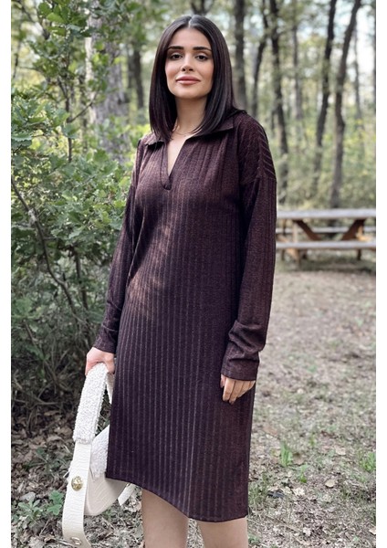 Kadın Bordo Polo Yaka, Kendinden Desenli, Basic Kalıp, Uzun Kollu Midi Triko Elbise