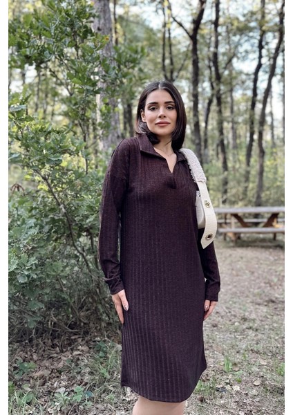 Kadın Bordo Polo Yaka, Kendinden Desenli, Basic Kalıp, Uzun Kollu Midi Triko Elbise fiyatları
