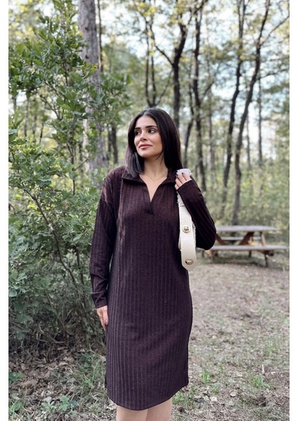Kadın Bordo Polo Yaka, Kendinden Desenli, Basic Kalıp, Uzun Kollu Midi Triko Elbise modelleri